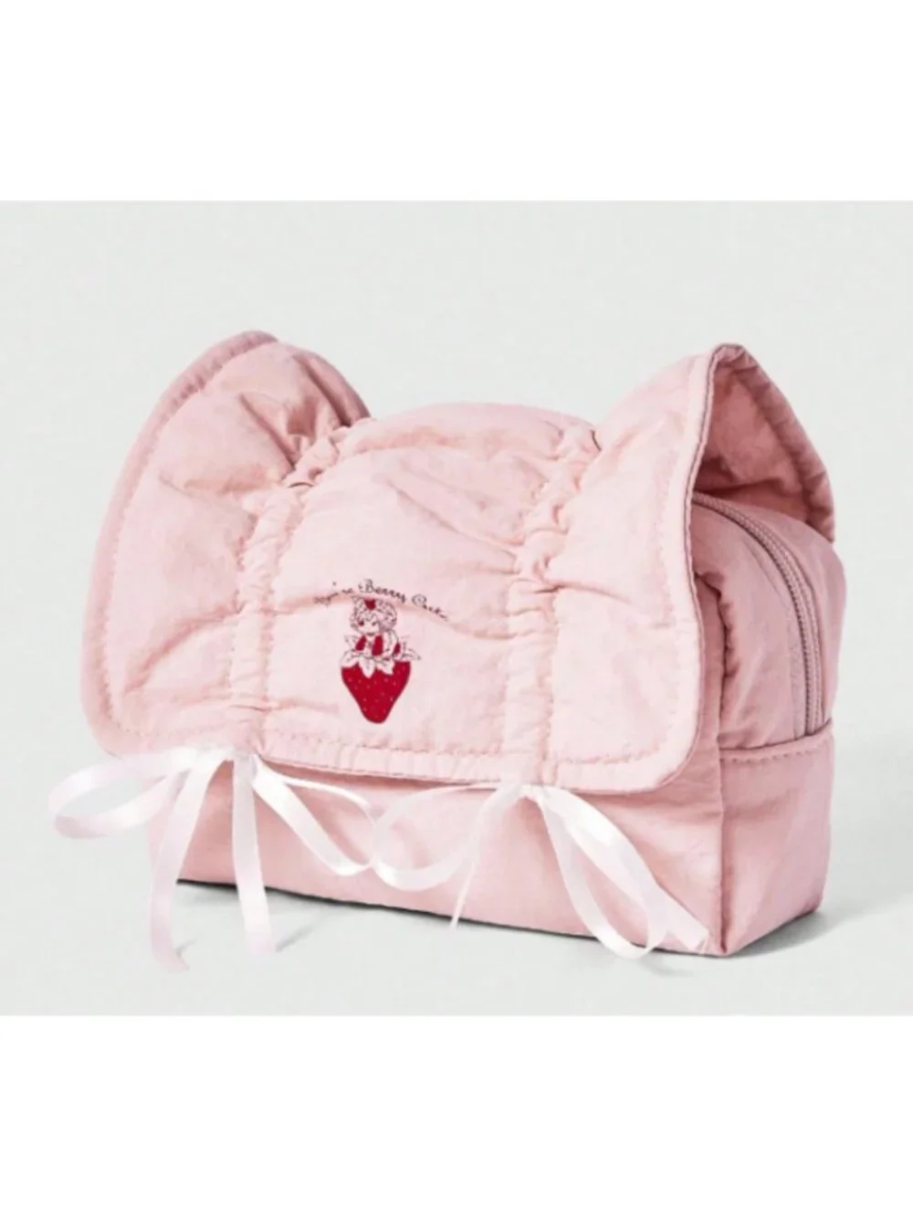 Kawaii Strawberry Girl Pink Quilted Makeup Bag Bow Cosmetic Pouch Cute Pencil